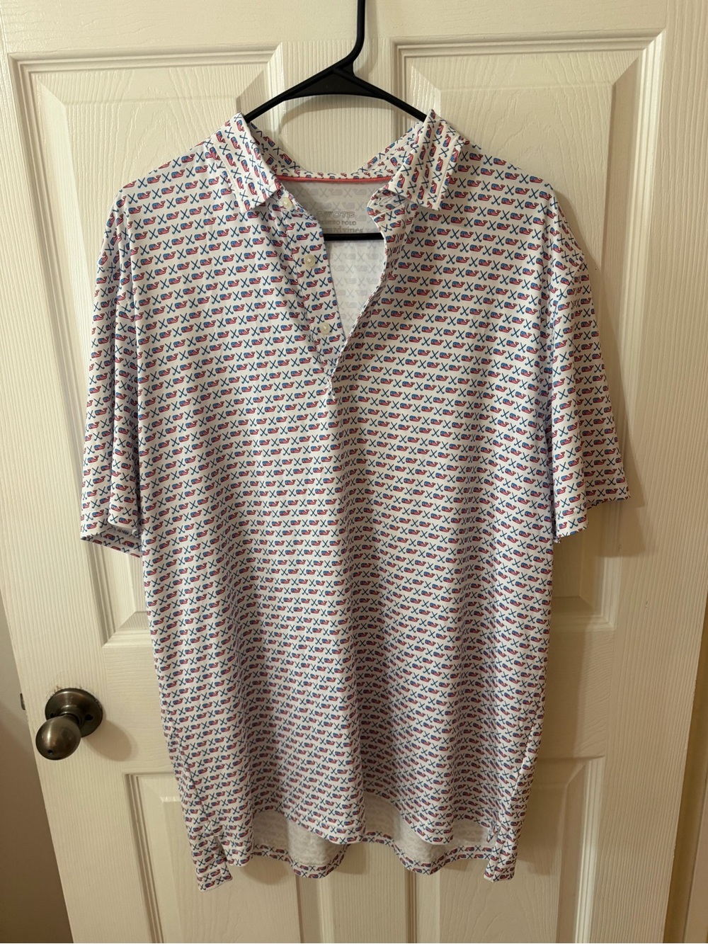 Vineyard Vines White Polo with Red & Blue Micro Pattern